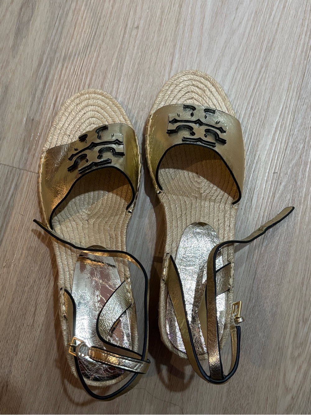 Tory Burch Ines Metallic Double T Wedge Espadrilles